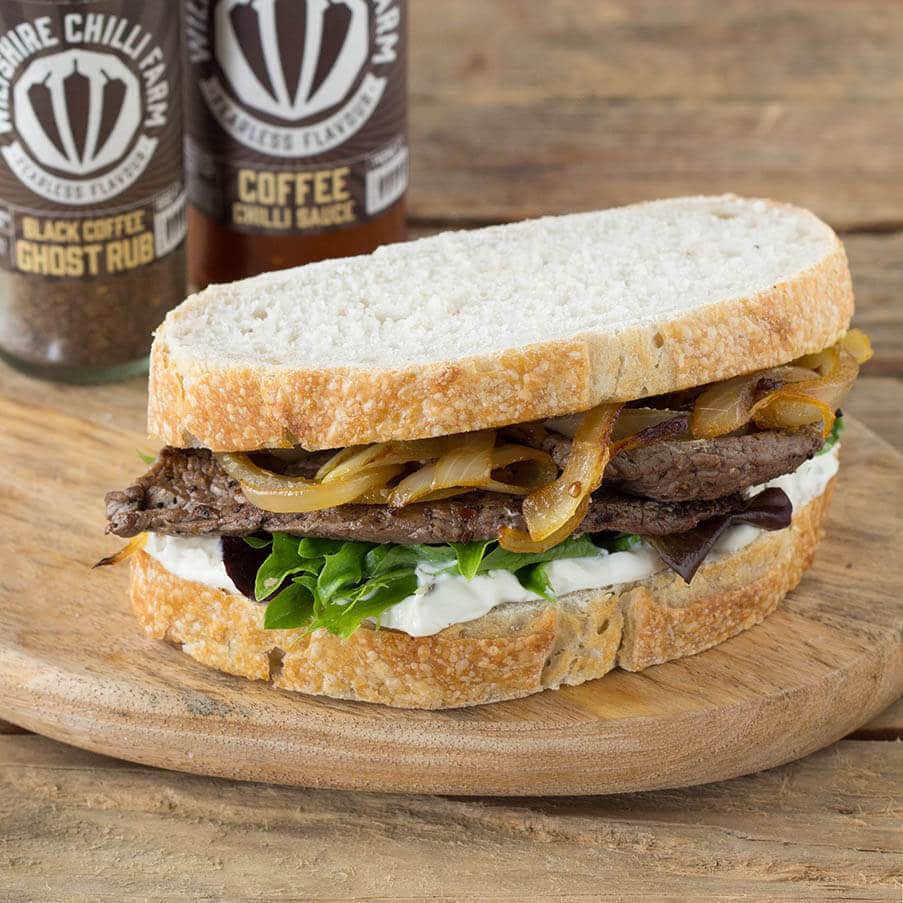 Wiltshire Chilli Farm - Steak and Onion Sandwich using Coffee Chilli Sauce and Black Coffee Ghost Rub