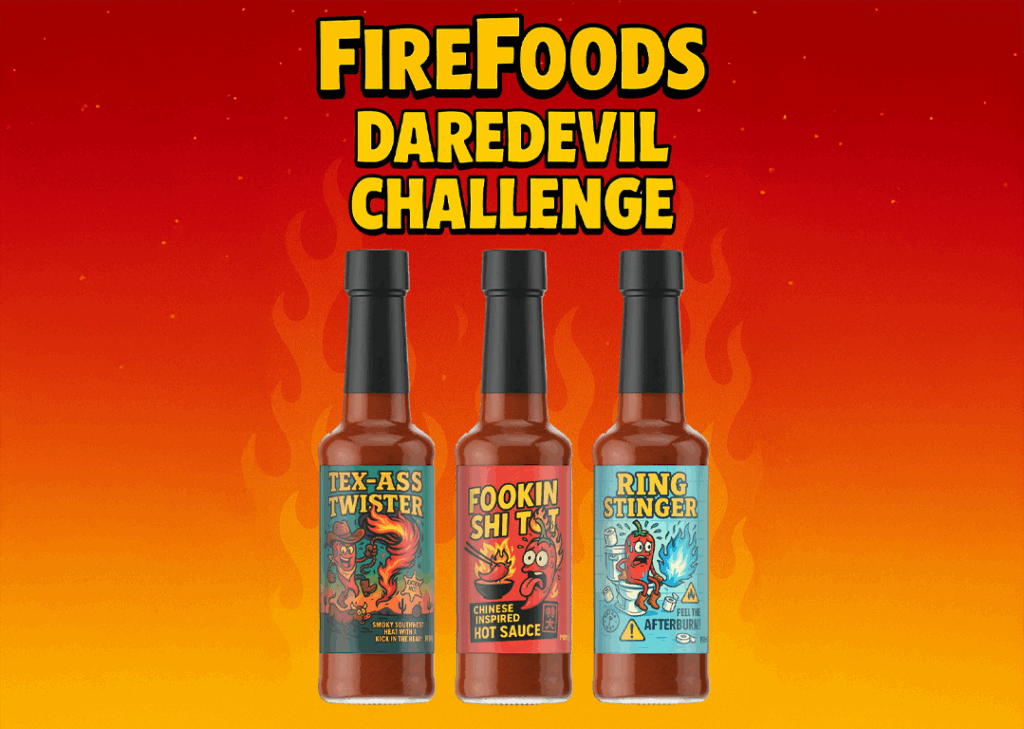 FireFoods Hot Gift Set – Funny Spicy Gifts for Daredevils | Gift for Men or Foodies | Vegan, Gluten-Free & Handmade in the UK (Daredevil Challenge (3 Pack))