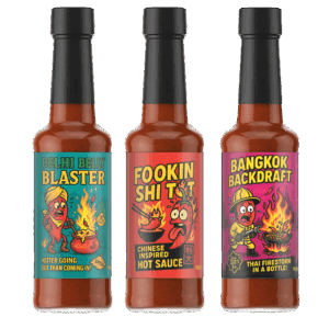 FireFoods Hot Gift Set – Funny Spicy Gifts for Daredevils | Gift for Men or Foodies | Vegan, Gluten-Free & Handmade in the UK (International Heatwave (3 Pack))