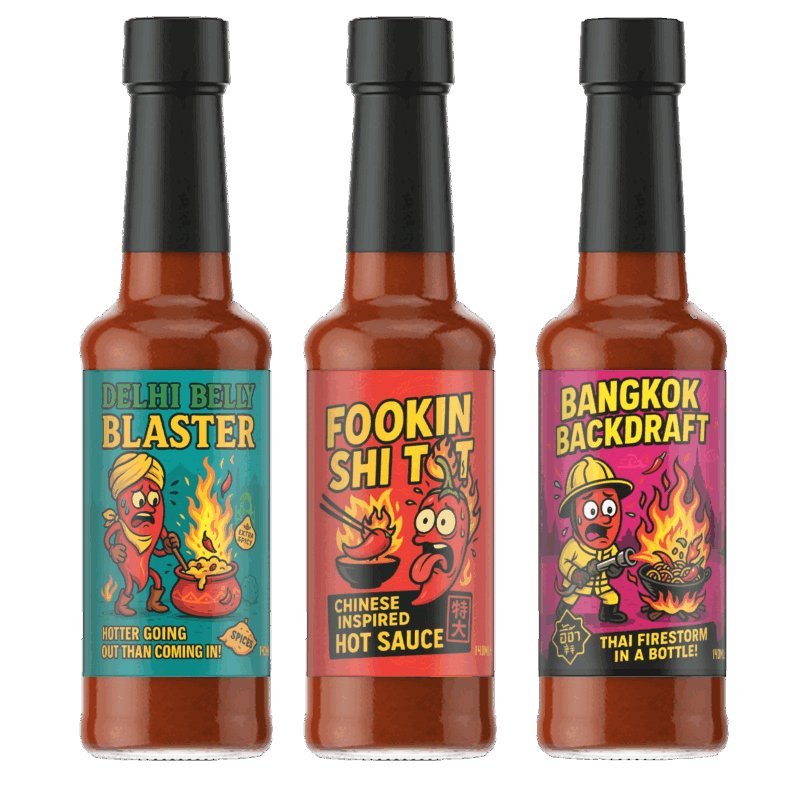 FireFoods Hot Gift Set – Funny Spicy Gifts for Daredevils | Gift for Men or Foodies | Vegan, Gluten-Free & Handmade in the UK (International Heatwave (3 Pack))