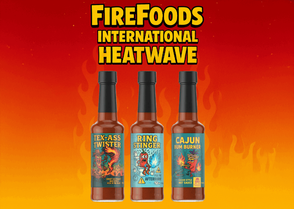 FireFoods Hot Gift Set – Funny Spicy Gifts for Daredevils | Gift for Men or Foodies | Vegan, Gluten-Free & Handmade in the UK (International Heatwave (3 Pack))