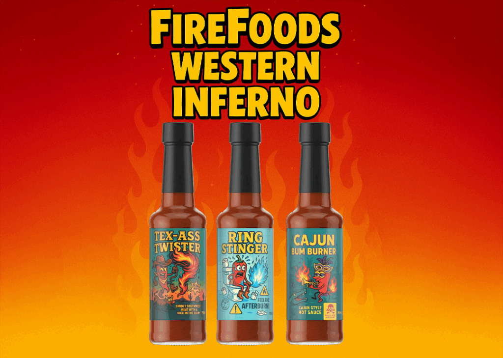 FireFoods Hot Gift Set – Funny Spicy Gifts for Daredevils | Gift for Men or Foodies | Vegan, Gluten-Free & Handmade in the UK (Western Inferno (3 Pack))